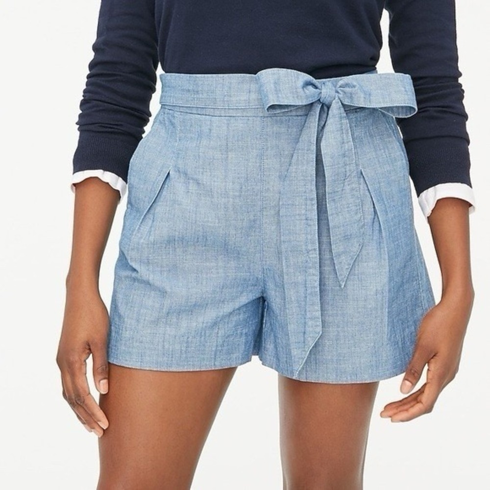J.Crew Tie Waist Short Chambray High-rise Pleated Women's 8 100% Cotton $69.50